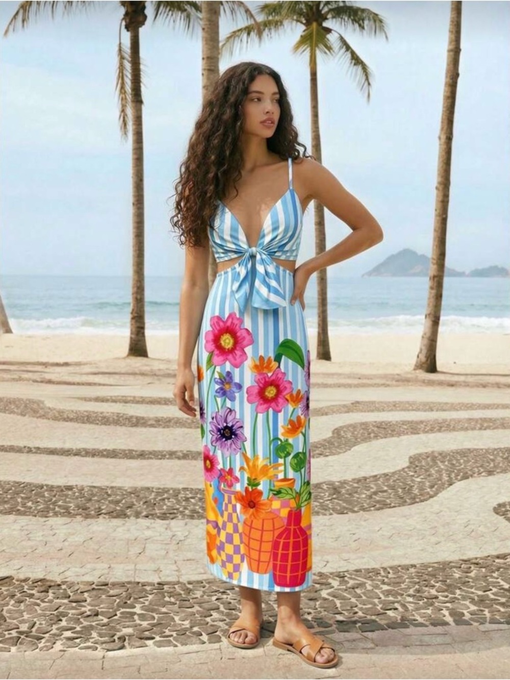 Striped Blue Floral Tie-Front Maxi Dress